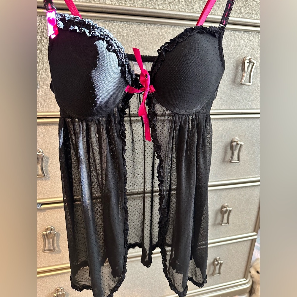 Vintage, sheer, lace, black lingerie top with pink bow